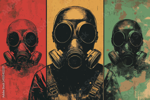 A male doctor, depicted in pop art style, wears a protective respirator with filtering valves to safeguard against dust, biological agents, chemical weapons, coronavirus, and COVID