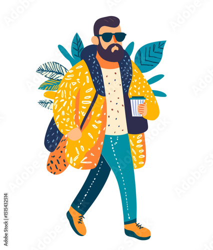 Modern art collage featuring a charming handsome man with illustrated body parts wearing trendy sunglasses while enjoying hot tea