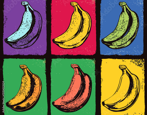 A banana in pop art style, depicted in dot halftone, set against a vibrant and psychedelic background of repeated colors