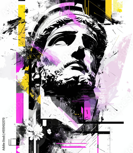 A modern art collage featuring an antique black statue bust with neon drawings, created in a surreal style