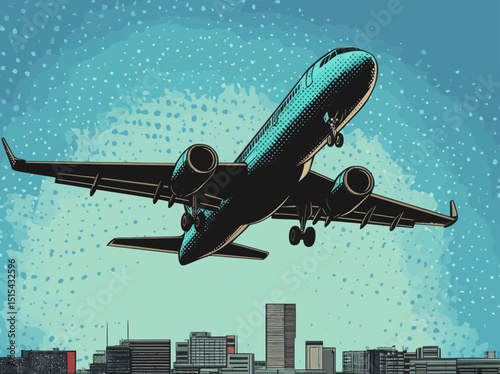 Retro modern illustration of a passenger plane taking off in pop art style, resembling a comic book