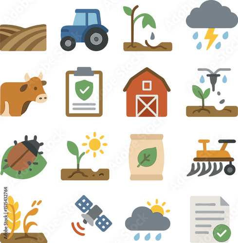 Farming icons: tractor, barn, cow, and weather symbols for agricultural themes