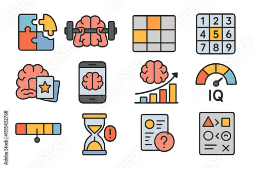 Brain training icons set with puzzles, brain, iq, and analytics symbols