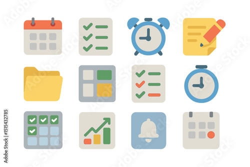 Productivity icons: calendar, alarm, checklist, and file management symbols