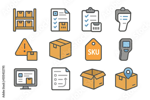 Inventory management icons: boxes, tags, barcodes, scanners