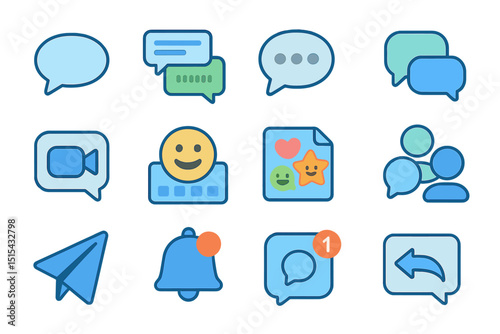 Communication icons set with chat, emoji, notification, and video symbols