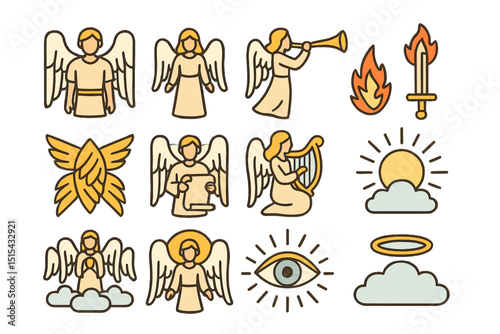 Angel icons: trumpet, sword, wings, eye, clouds, sunburst