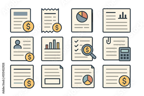Financial document icons: charts, graphs, calculator, and currency signs