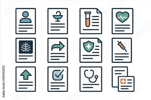 Medical icons set representing records, healthcare, and diagnostics