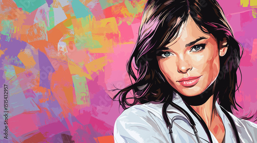The profession of a doctor therapist encompasses medicine and health, symbolized by a white coat and stethoscope in a pop art retro style