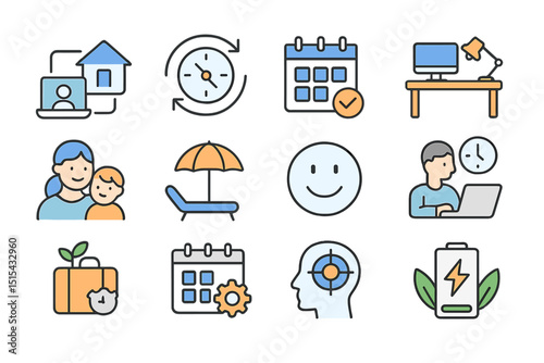Illustrated icons of activities and concepts with people and objects