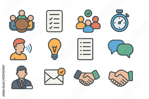 Colorful icon set representing communication and business concepts