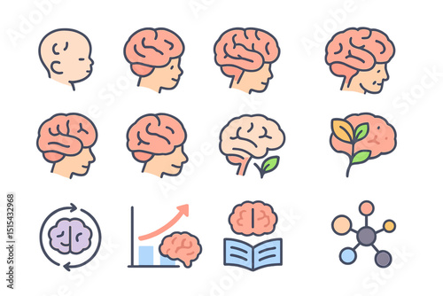 Brain development icons illustrating growth stages and learning concepts