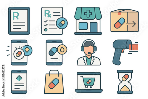 Health and medication technology icons for online pharmacy services