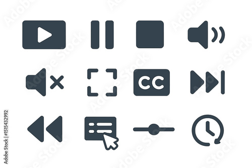 Media control icons set on dark background for audio and video use