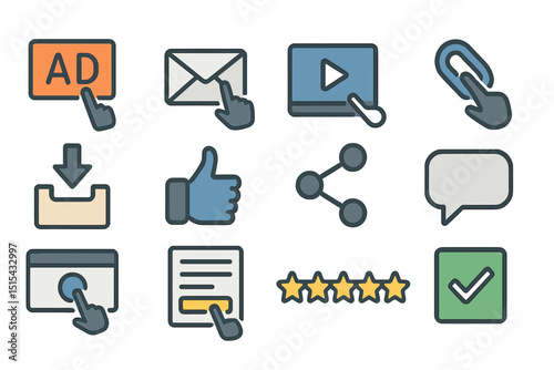 Digital interface icons set: email, play, download, share, feedback, checkmark