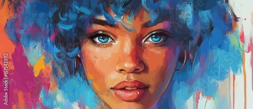 Vibrant pop art depiction of a stunning African woman with curly blue locks