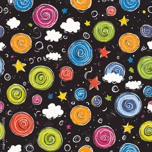 A colorful minimal cartoon pop art design featuring space and planets in a repeating pattern