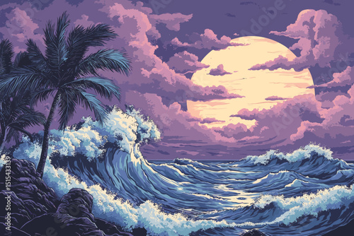 A beach with a retro tropical vibe is set against a pop art abstract background, created using generative AI