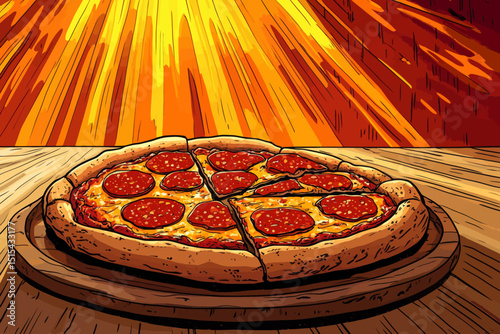 A whole pepperoni pizza sits on a wooden board, depicted in a pop art style against an explosive sunburst background