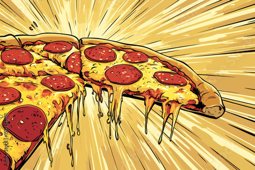 Pepperoni pizza slices featuring melted cheese, depicted in a pop art style against a yellow dotted background