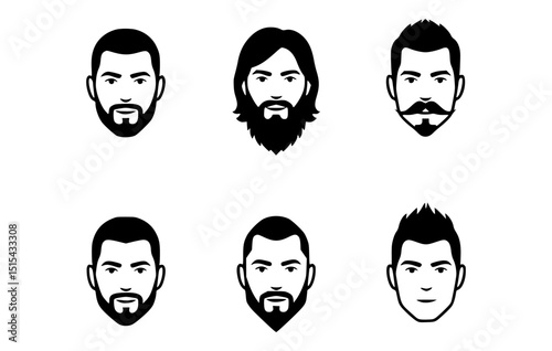An illustration of a set of six different types of male face with beard styles, each drawn with clean, bold lines. It's a minimalist and stylistic image.