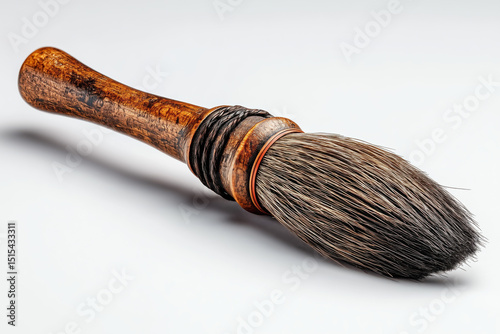 A vintage shaving brush with a wooden handle and soft bristles on a white isolated background. photo