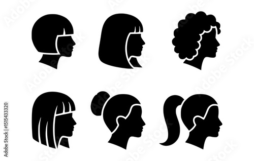 A collection of woman silhouette hairstyle designs. They have many type hairstyle, for graphic design resource.