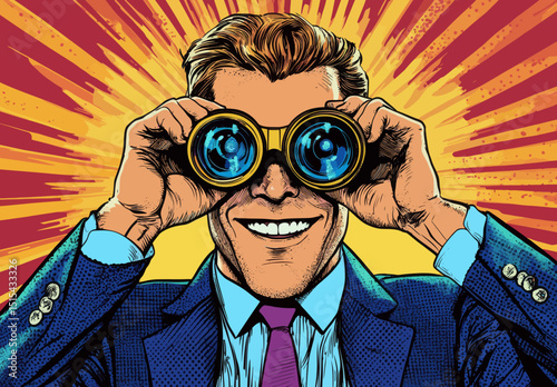Modern illustration of a happy man using binoculars in pop art style