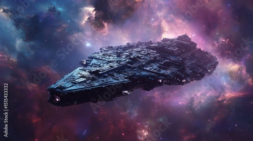 Massive Spacecraft in Cosmic Nebula Detailed Futuristic Spaceship Design Galactic Exploration Dark Purple Pink Nebula Background Sci Fi Artwork Digital Painting Space Travel stars 