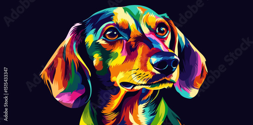 A Dachshund is depicted in a vibrant pop art style, characterized by Pop Art, bright and bold colors, digital art, and an abstract background