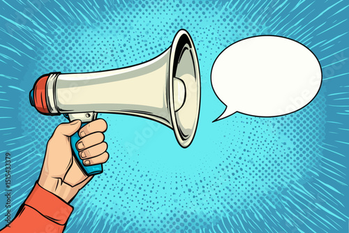 A minimalist illustration of a comic book style features a hand grasping a megaphone with an accompanying speech bubble