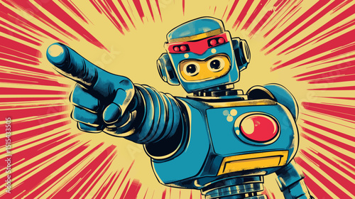 A vintage pop art illustration, reminiscent of the 1950s and 60s, depicts a robot gesturing with its hand to advertise a sale in a colorful retro style