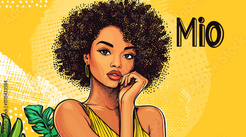 African american woman depicted in beautiful pop art style, created using generative ai, labeled as popart and illustration