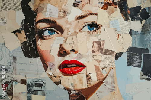 A closeup facial portrait in collage style with eye contact, available as a print design art poster incorporating Stock technology