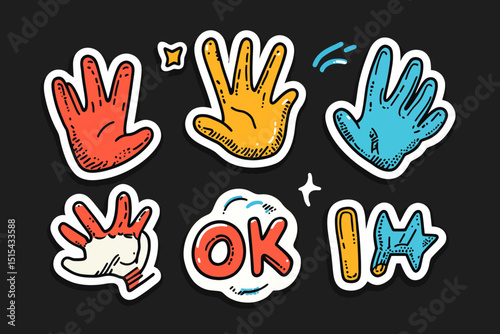 A trendy vintage collage concept featuring a set of symbols is presented, including a halftone collection of fists, hands, and gestures such as a cool open palm, peace sign, ok signal, thumb up, and