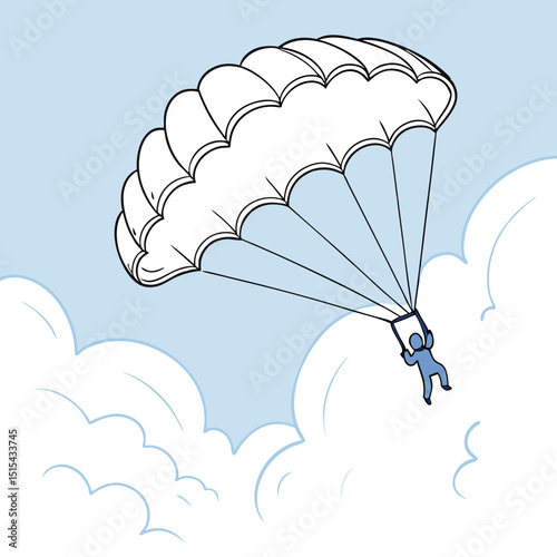 Vector illustration of a person parachuting through clouds on a light blue background