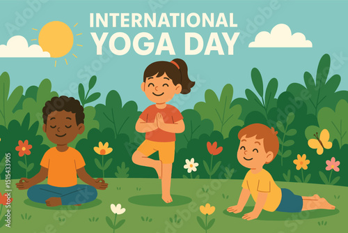 Vector art of Celebrating international yoga day with children practicing yoga poses in nature on a sunny day