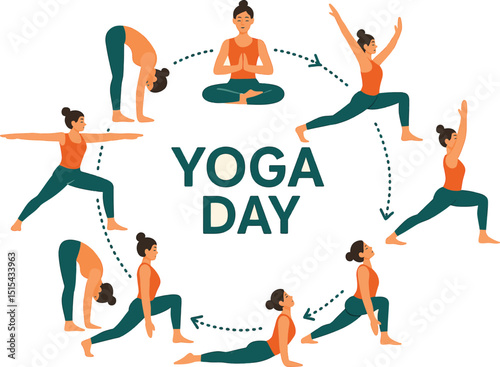 Vector art of Yoga day illustration showing a woman performing different yoga poses in a circular sequence for fitness, health, and wellness