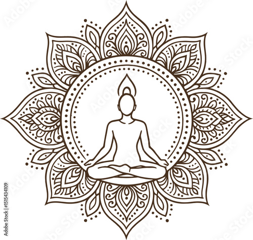 Vector art of Meditating figure in lotus position inside a detailed mandala isolated on white background