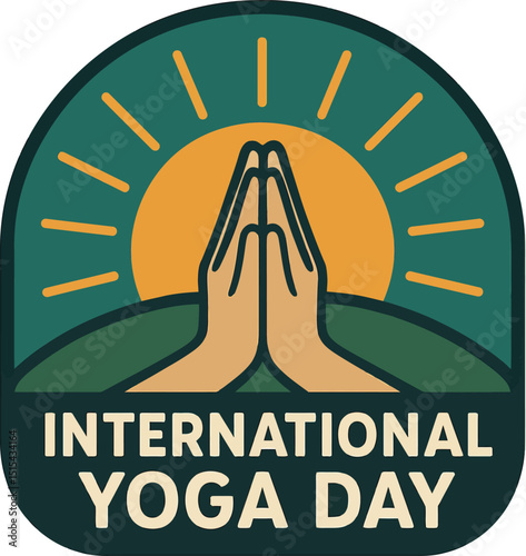 Vector art of International yoga day badge with hands in namaste mudra and sun, promoting wellness and mindfulness through traditional practice
