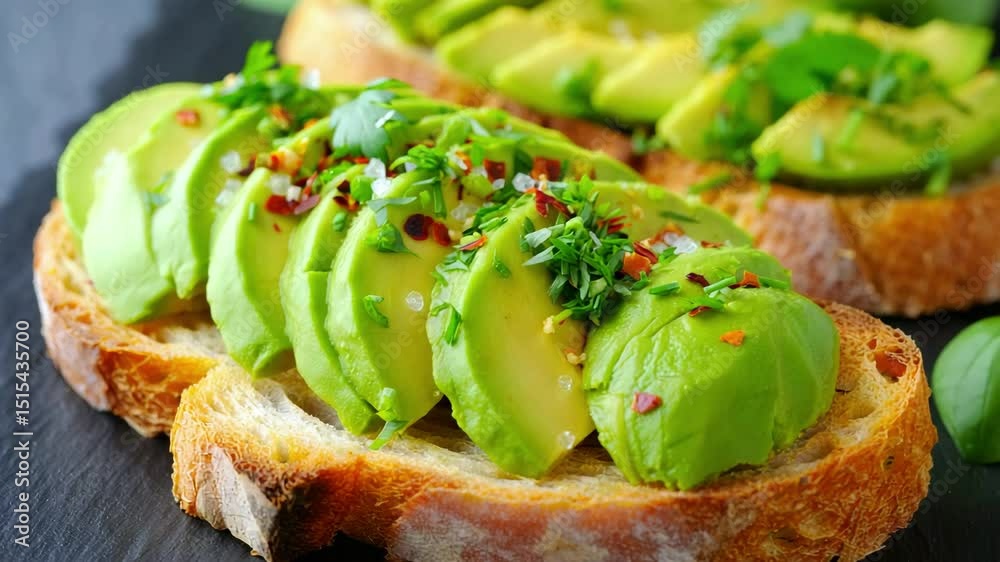 Avocado slices on toasted rustic bread with herbs and chili flakes, healthy snack, plant-based meal, clean eating, vegan breakfast, modern nutrition, food styling, wholesome appetizer
