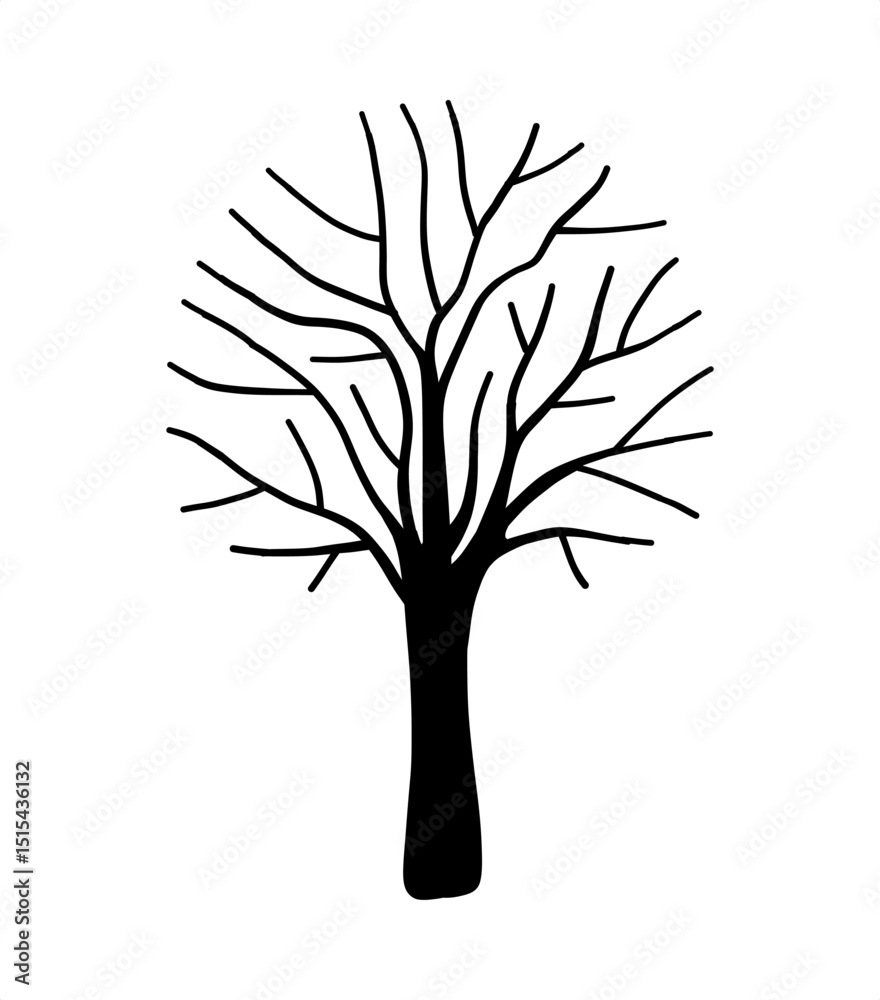 Fototapeta premium Bold hand drawn bare tree silhouette, elegant botanical art for Halloween decor, fabric patterns, winter or autumn theme graphic designs, minimalistic Striking line art with fairy tale charm