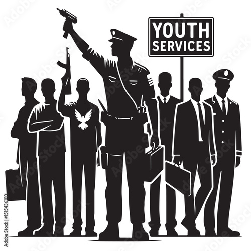 Black Color Youth Services Silhouette Vector Illustration, Solid White Background