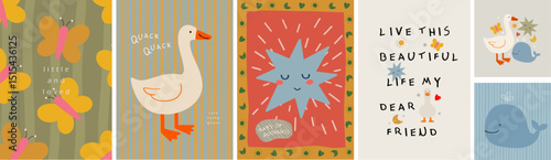 Cute art posters for kids room wall. Vector illustrations of goose, star with rays, butterfly pattern and whale for birthday greeting card, background or postcard
