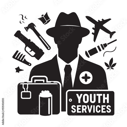 Black Color Youth Services Silhouette Vector Illustration, Solid White Background