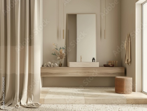 A bathroom with a sink and a mirror. The sink is white and has a black faucet. There is a wooden shelf under the sink. A basket is placed on the floor