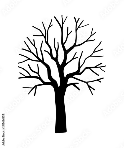 Ornamental dead tree silhouette with sprawling branches. Spooky chic design element for Halloween applications, textile print, dark botanical artwork, rustic wooden autumn or winter surface patterns