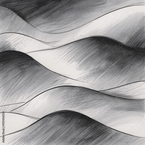Abstract pencil drawing of rolling hills landscape in grayscale for art prints and wall decor ideas