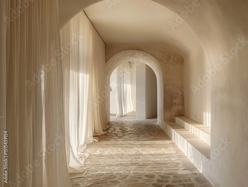 A long hallway with white curtains and a bench. The curtains are open and the sunlight is shining through them
